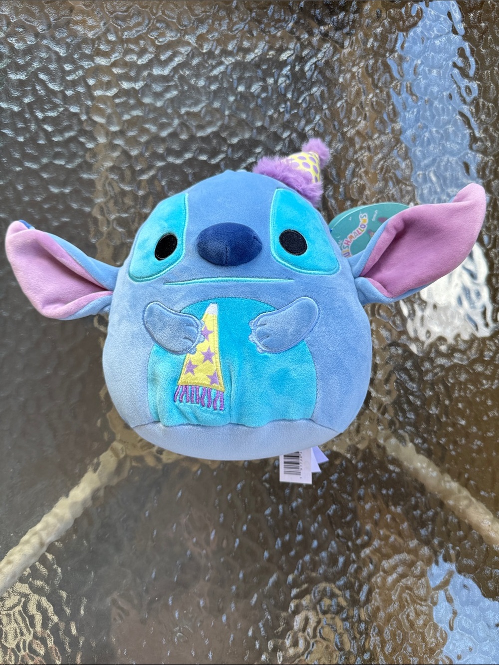 Squishmallows Disney Birthday Stitch wearing Hat holding party favor 8"